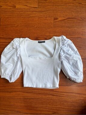 Zara White Square-Neck Puff Sleeve Crop Top